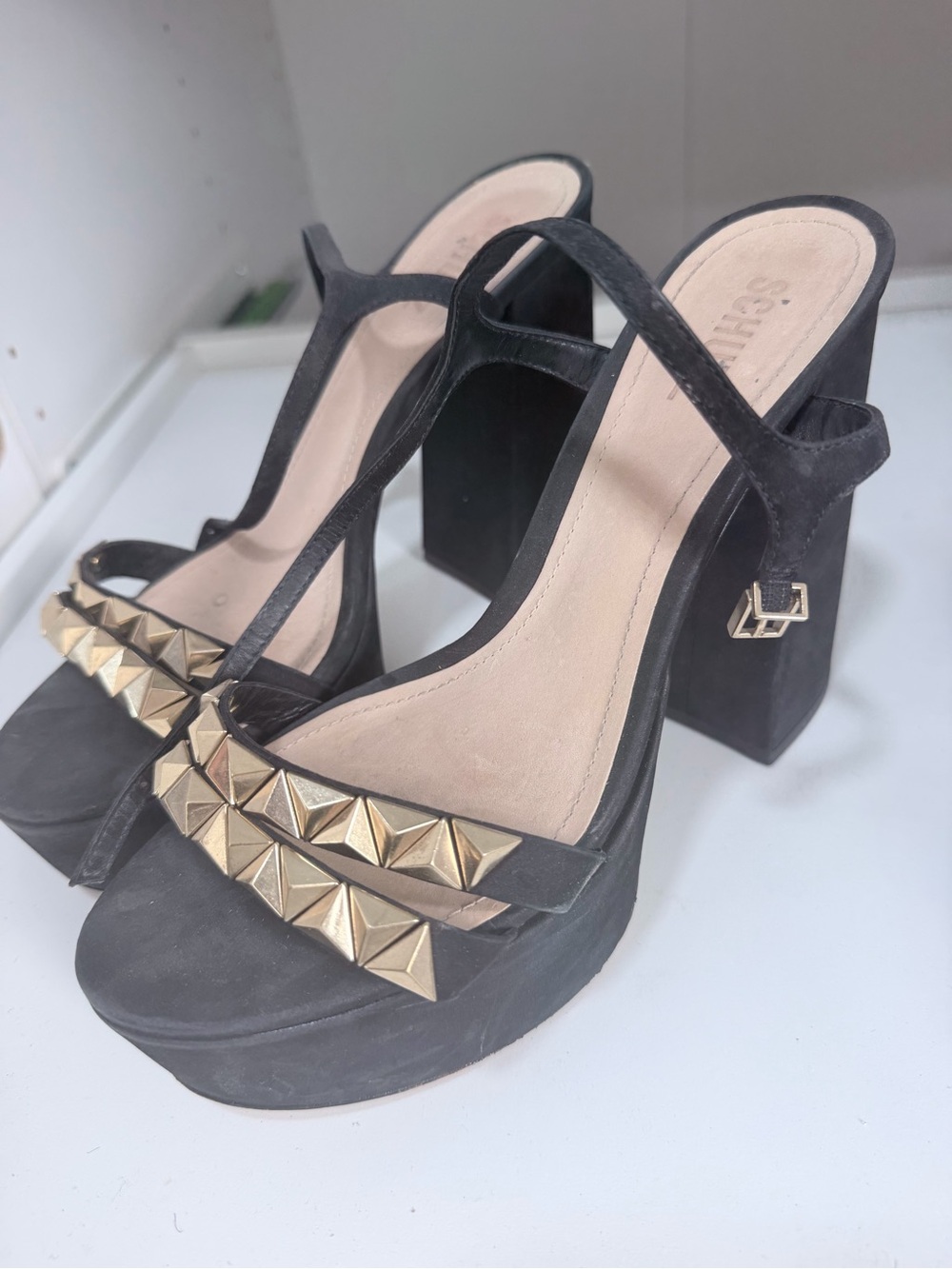 SCHUTZ Black Platform Block Heel Sandals with Gold Studs